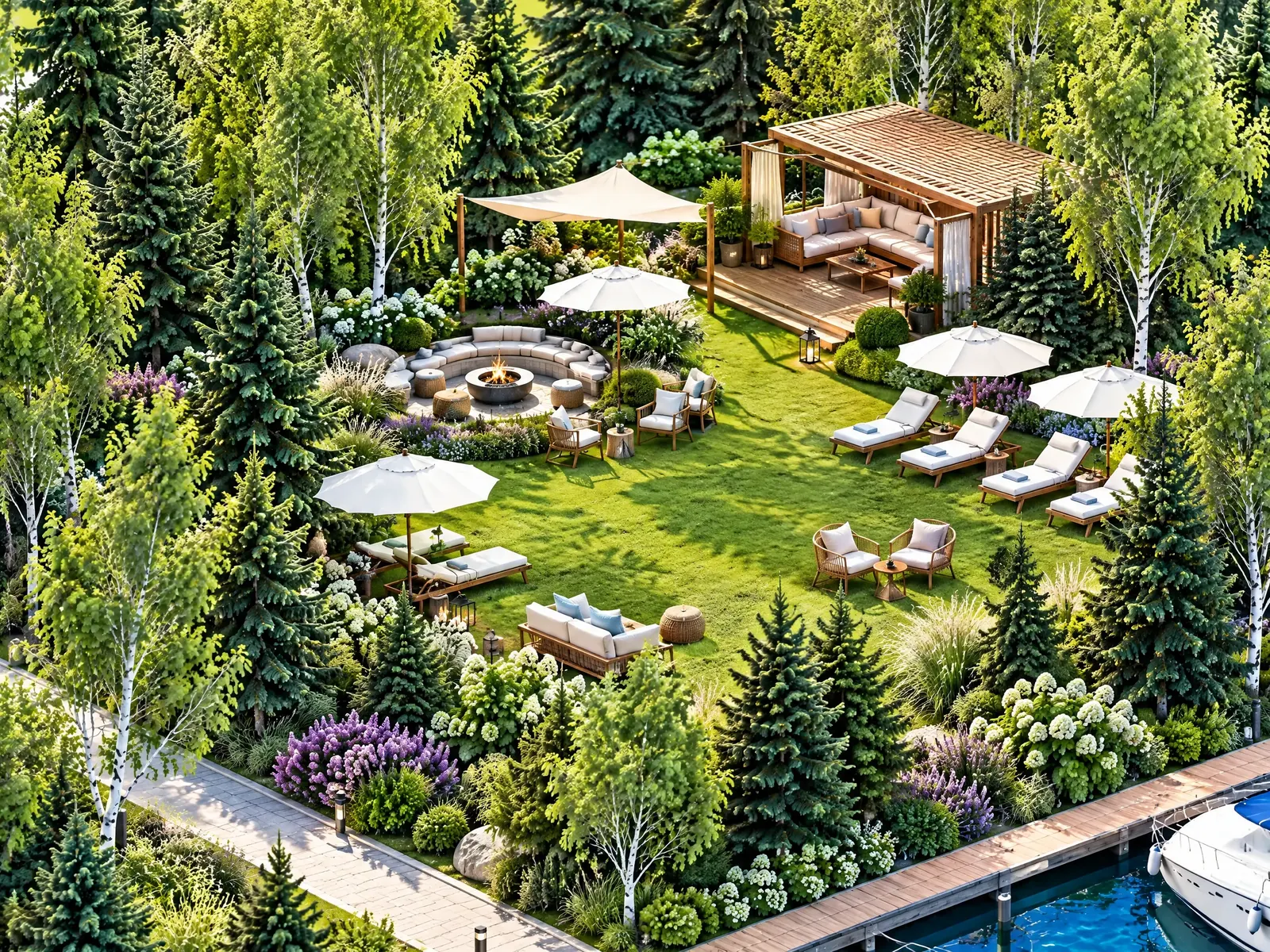 Лужайка 400 м² с лаунджем — крупный план